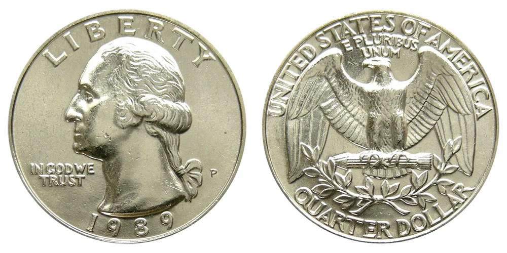 1989 Washington quarter obverse and reverse showing mint mark location and design details