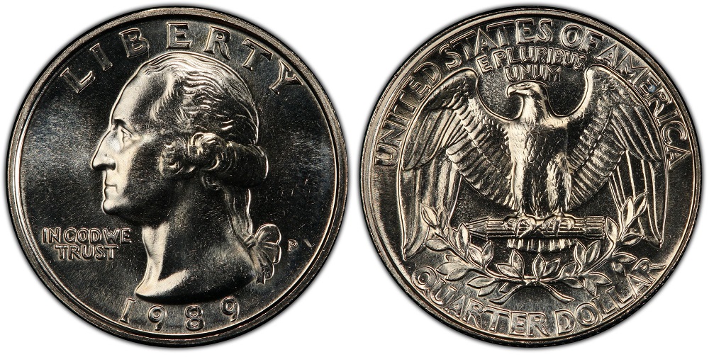 1989 Washington quarter grading strip showing four condition tiers from worn to gem uncirculated MS-67