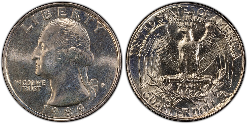 Side-by-side comparison of normal 1989-P quarter with P mintmark versus 1989 No-P filled die error with missing mintmark