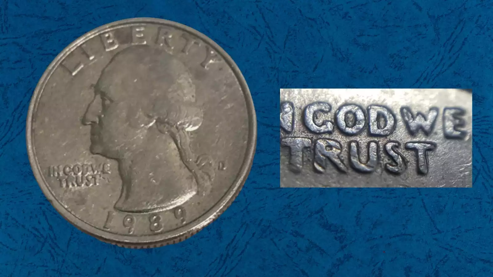 1989 Washington quarter doubled die obverse (DDO) error showing doubling on LIBERTY lettering under magnification
