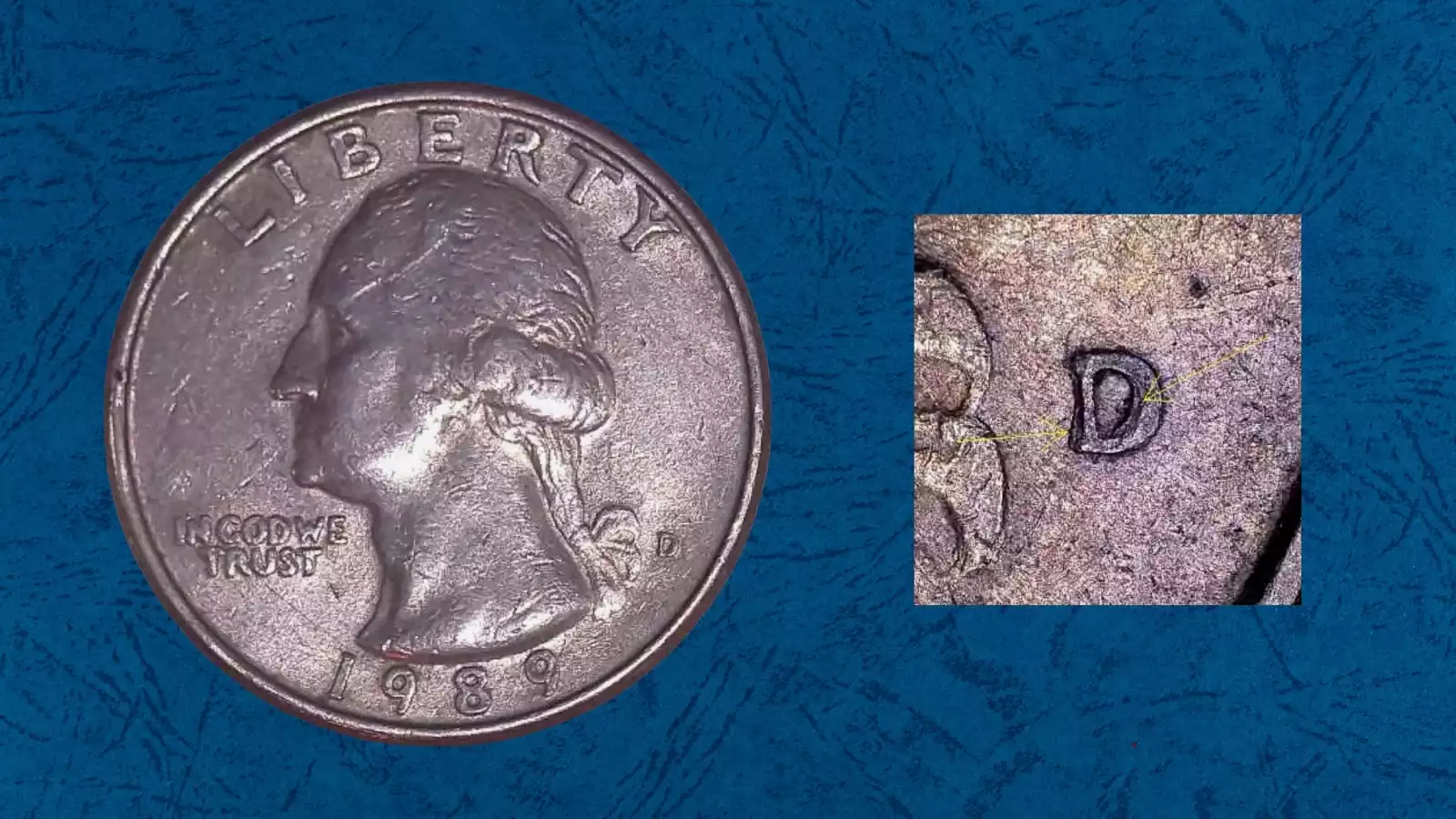 1989-D Washington quarter RPM FS-501 repunched mintmark showing secondary D impression visible under magnification