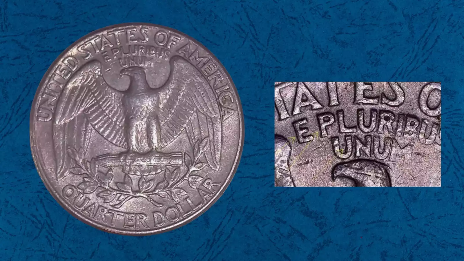 1989 Washington quarter doubled die reverse (DDR) error showing doubling on QUARTER DOLLAR lettering and eagle details