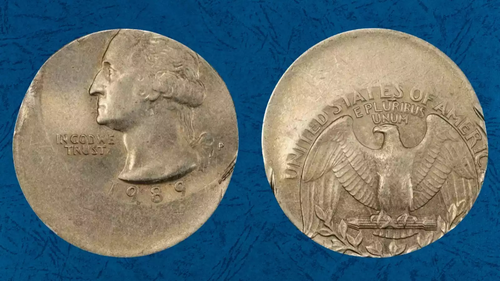 1989 Washington quarter off-center strike error showing crescent of unstruck blank metal with partial design and visible date