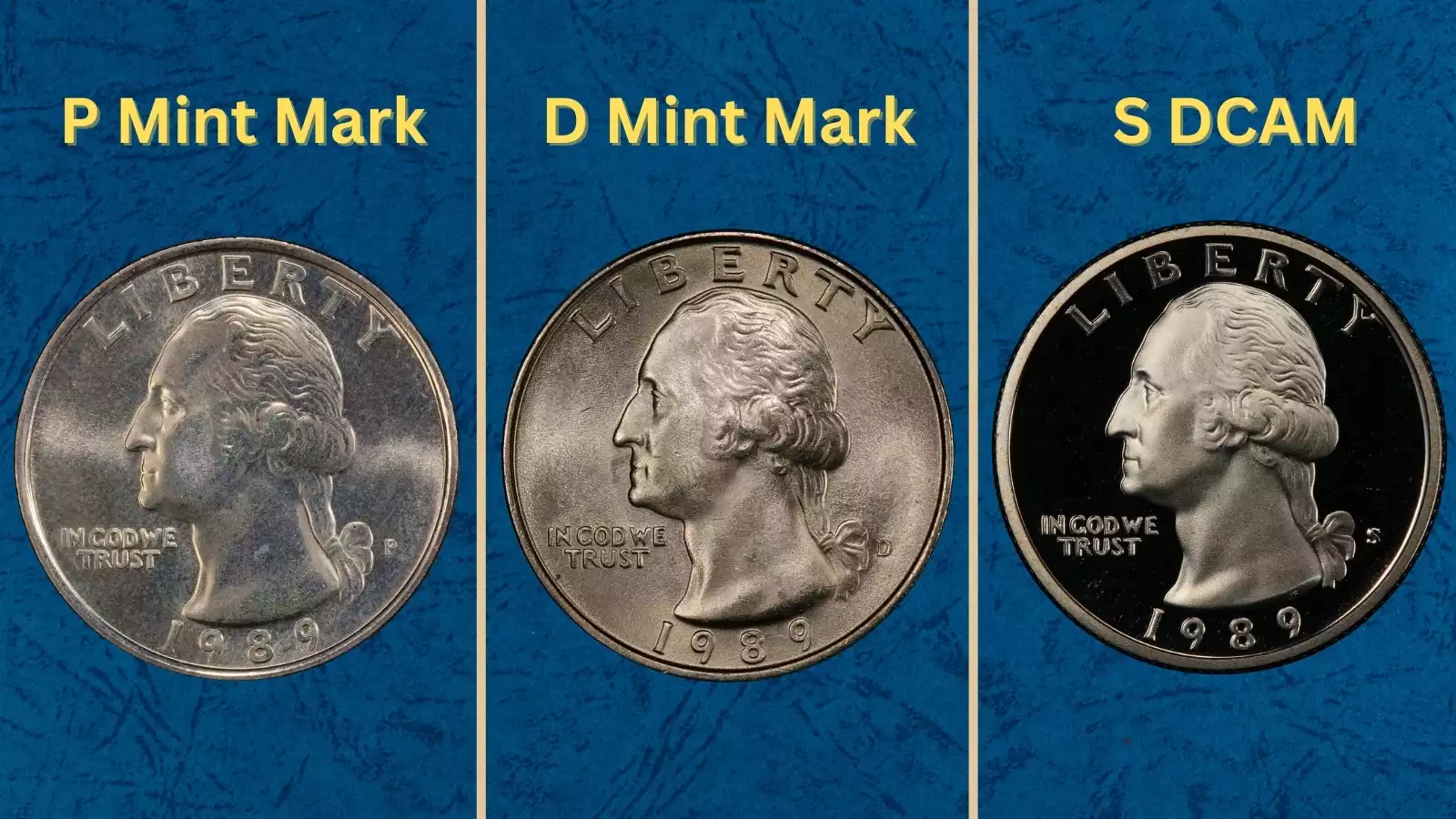 Three 1989 Washington quarters showing P, D, and S mint marks representing all three production facilities